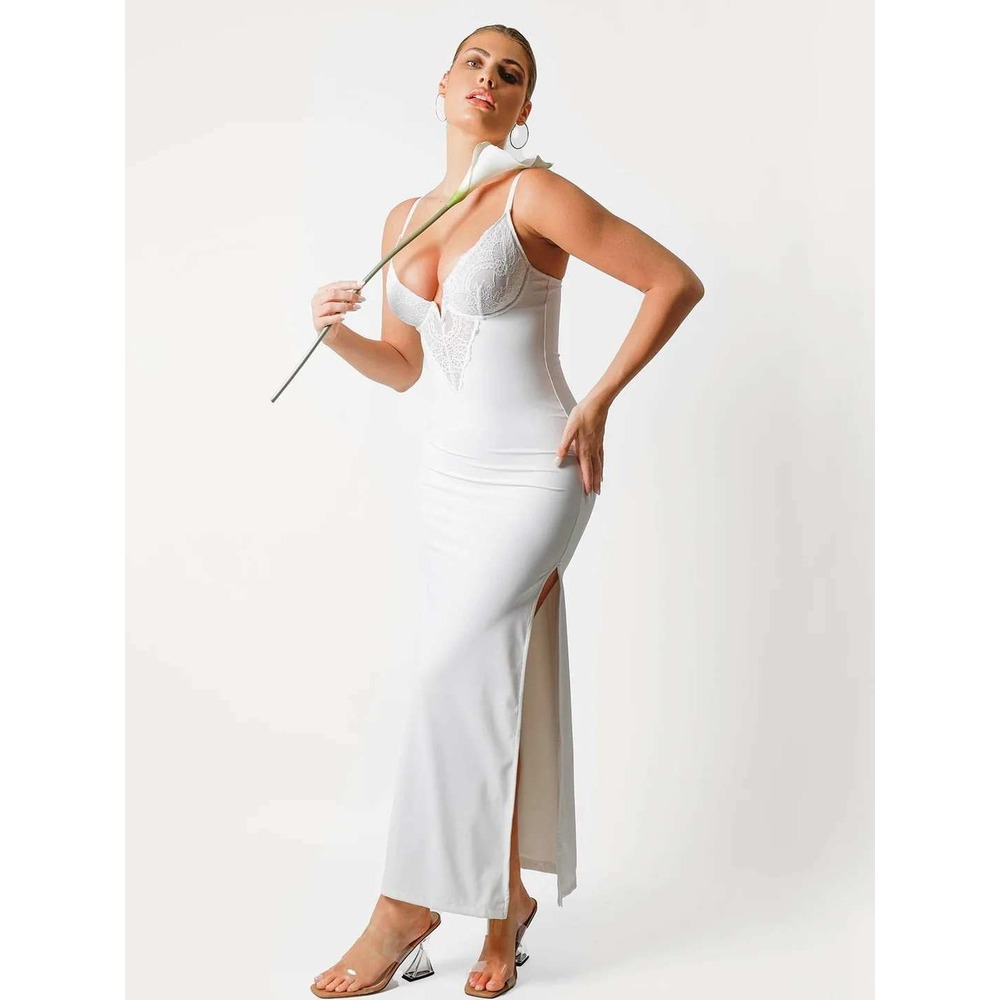 Popilush Built-In Shapewear Slip Dress Women XXL Ivory NEW Lace Trim Maxi Slit - Picture 2 of 13